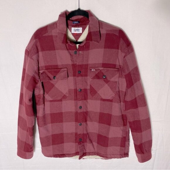Tommy Jeans Red Plaid Sherpa Lined Casual Fit Button Up  Shacket Light Jacket M - Picture 16 of 16